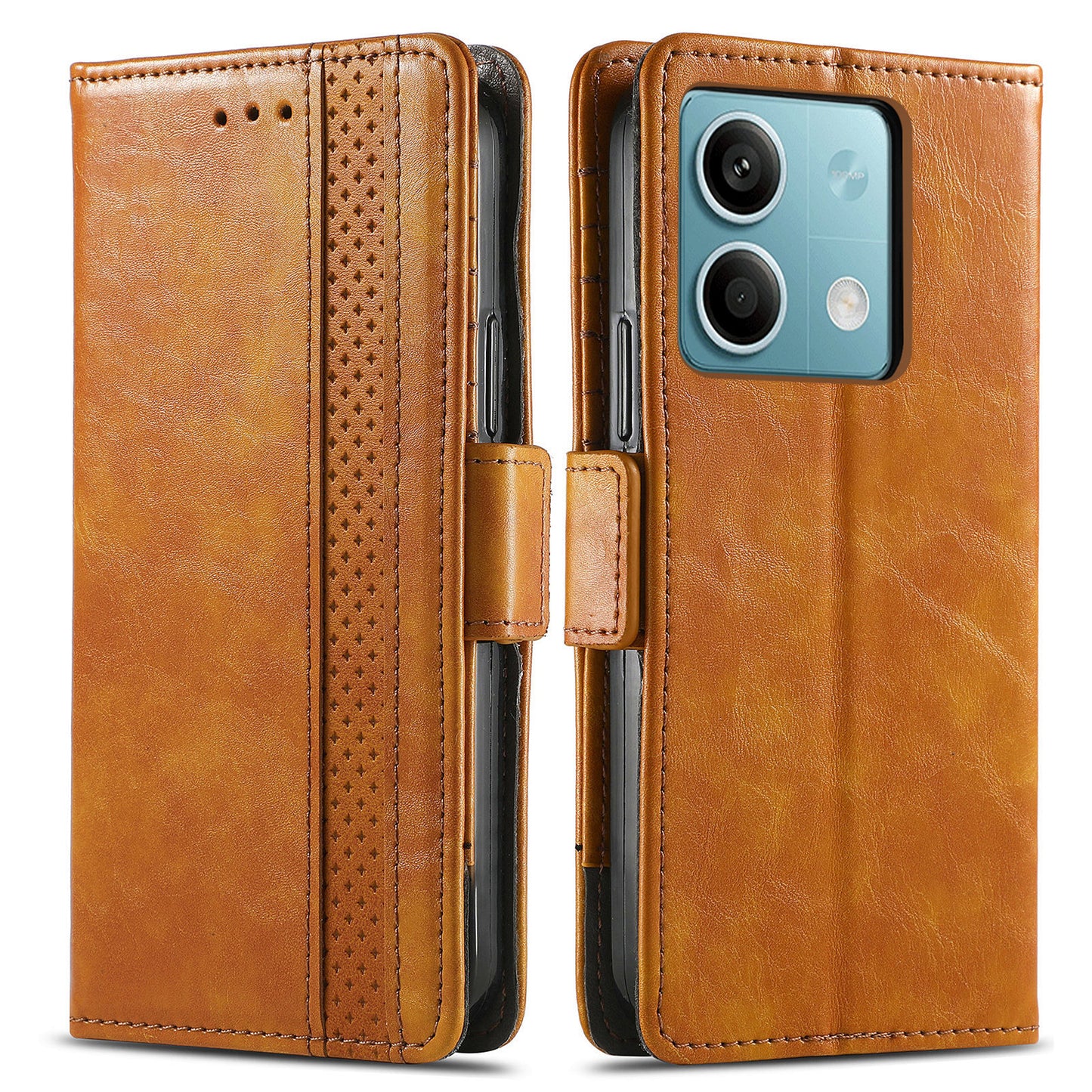 CASENEO 002 Series For Xiaomi Redmi Note 13 5G PU Leather Case with RFID Blocking Flip Wallet Phone Cover - Light Brown