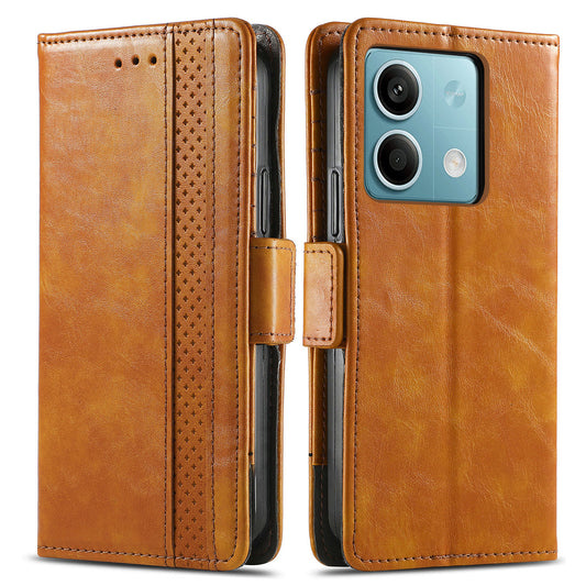 CASENEO 002 Series For Xiaomi Redmi Note 13 5G PU Leather Case with RFID Blocking Flip Wallet Phone Cover - Light Brown