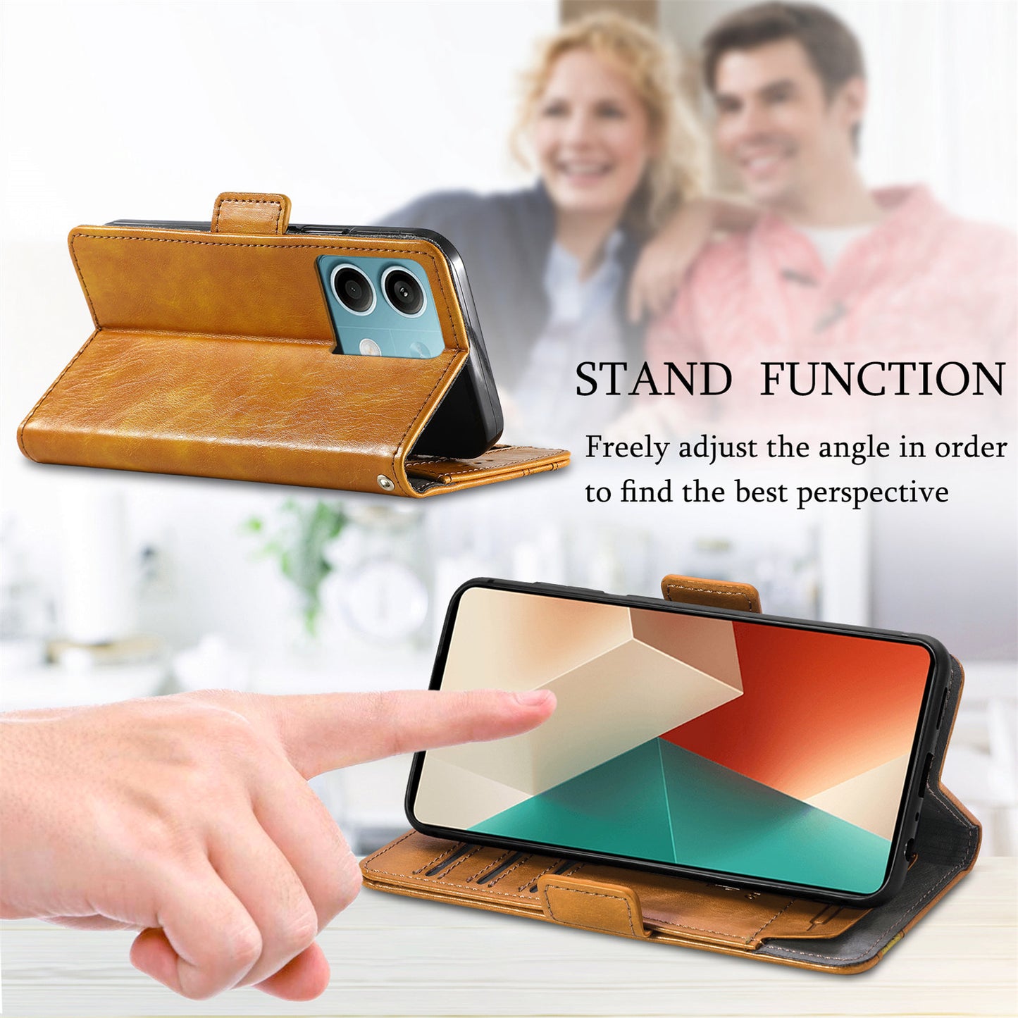 CASENEO 002 Series For Xiaomi Redmi Note 13 5G PU Leather Case with RFID Blocking Flip Wallet Phone Cover - Light Brown