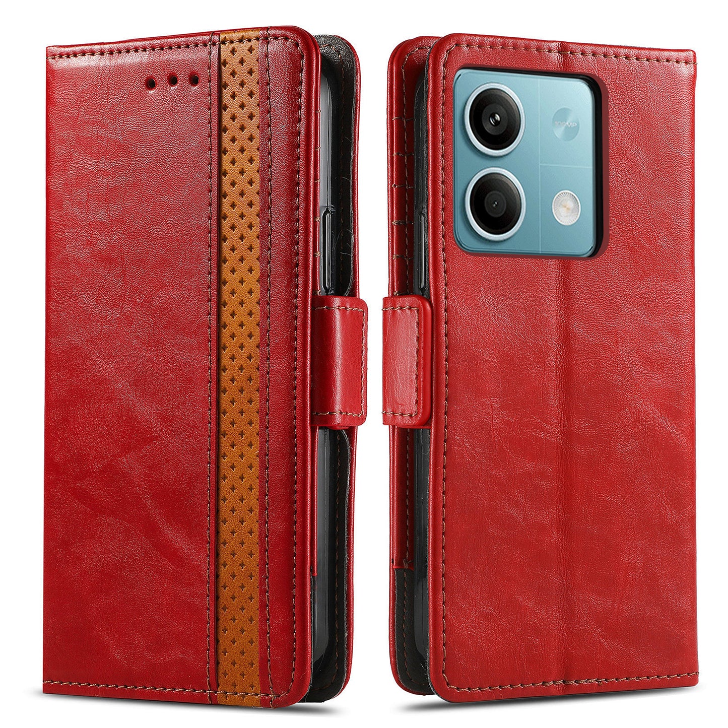 CASENEO 002 Series For Xiaomi Redmi Note 13 5G PU Leather Case with RFID Blocking Flip Wallet Phone Cover - Red