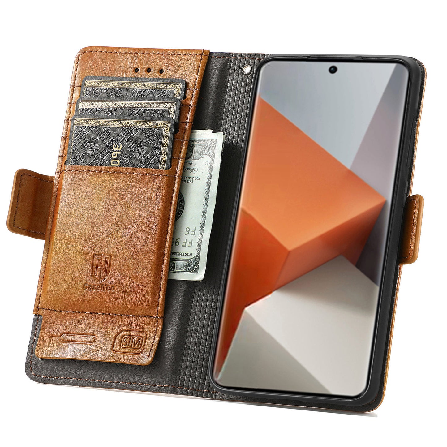 CASENEO 002 Series For Xiaomi Redmi Note 13 Pro+ 5G Case Wallet Stand Flip Phone Cover RFID Blocking - Light Brown