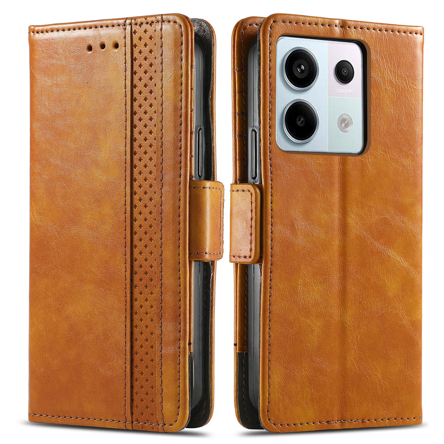 CASENEO 002 Series For Xiaomi Redmi Note 13 Pro 5G / Poco X6 5G / Poco M6 Pro 4G Leather Phone Case RFID Blocking Wallet - Light Brown