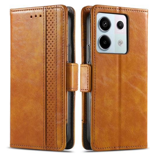 CASENEO 002 Series For Xiaomi Redmi Note 13 Pro 5G / Poco X6 5G / Poco M6 Pro 4G Leather Phone Case RFID Blocking Wallet - Light Brown