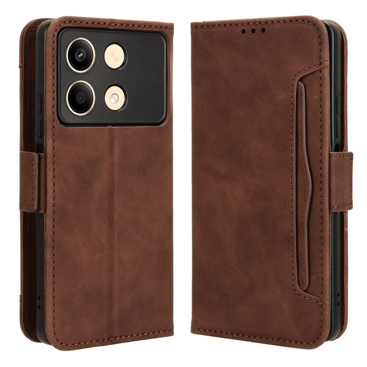 For Xiaomi Redmi Note 13R Pro 5G Leather Case Phone Cover with Card Slots - Brown
