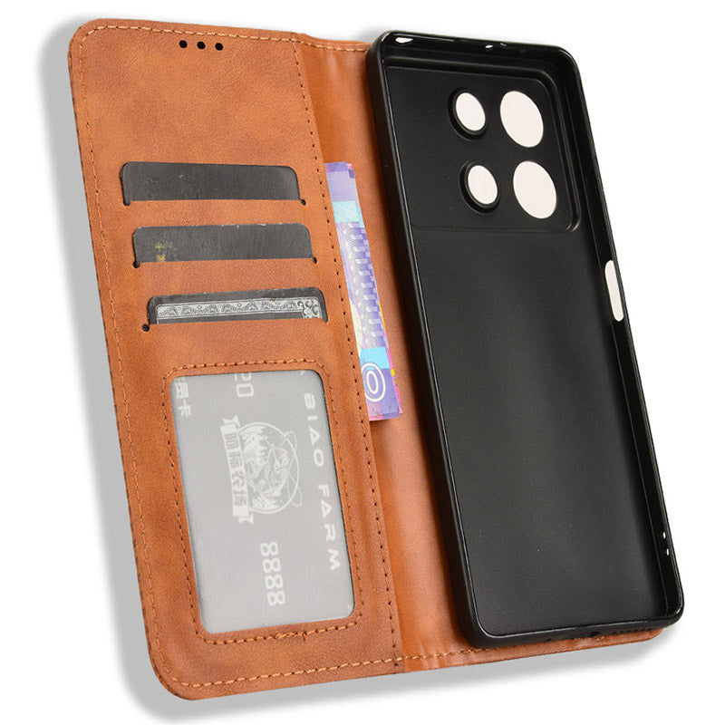 For Xiaomi Redmi Note 13R Pro 5G Leather Wallet Case Magnetic Auto Closing - Brown