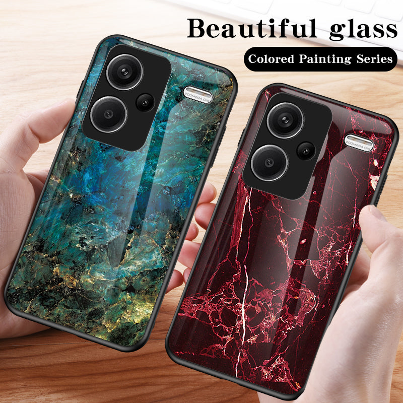For Xiaomi Redmi Note 13 Pro+ 5G Cell Phone Case Marble Pattern Tempered Glass+PC+TPU Anti-drop Shell - Emerald Marble