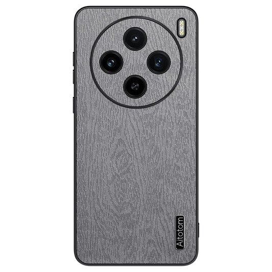 For vivo X100 5G Case Wood Grain PU Leather Coated PC+TPU Mobile Phone Cover - Grey