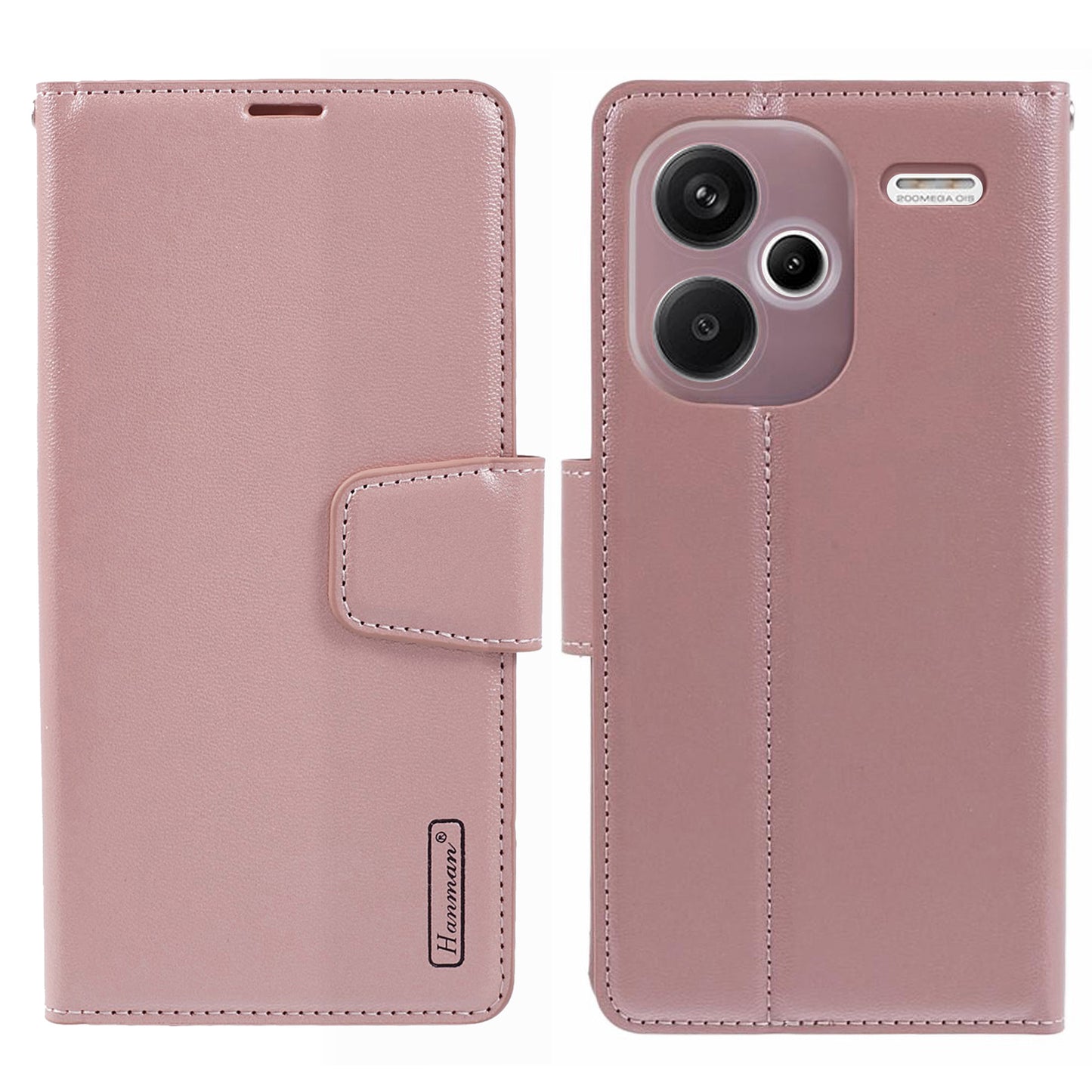 HANMAN Mill Series for Xiaomi Redmi Note 13 Pro+ 5G Case PU Leather Wallet Phone Stand Cover - Rose Gold