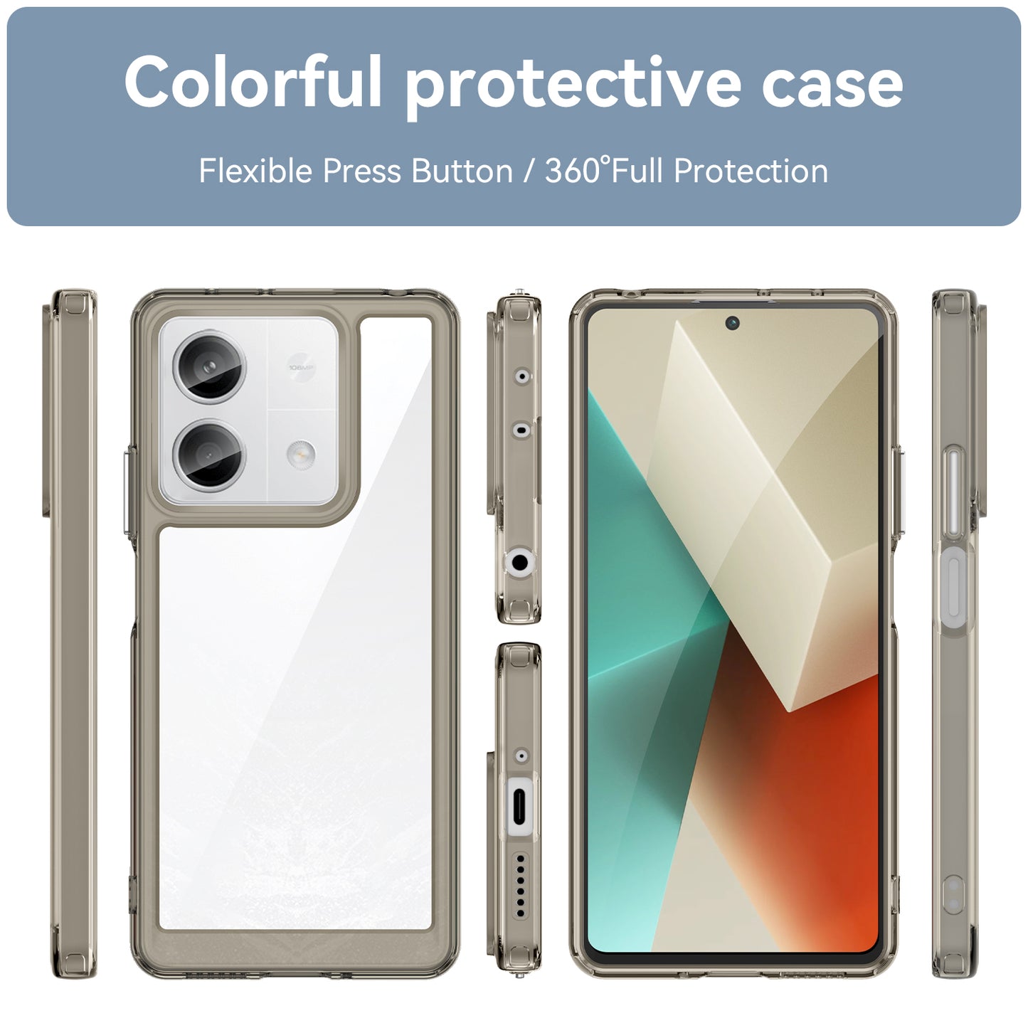 For Xiaomi Redmi Note 13 5G Phone Case Colorful TPU Frame+Acrylic Clear Back - Transparent Grey