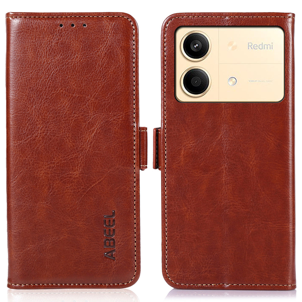 ABEEL For Xiaomi Redmi Note 13R Pro 5G Leather Case Wallet Cover Crazy Horse Texture - Brown