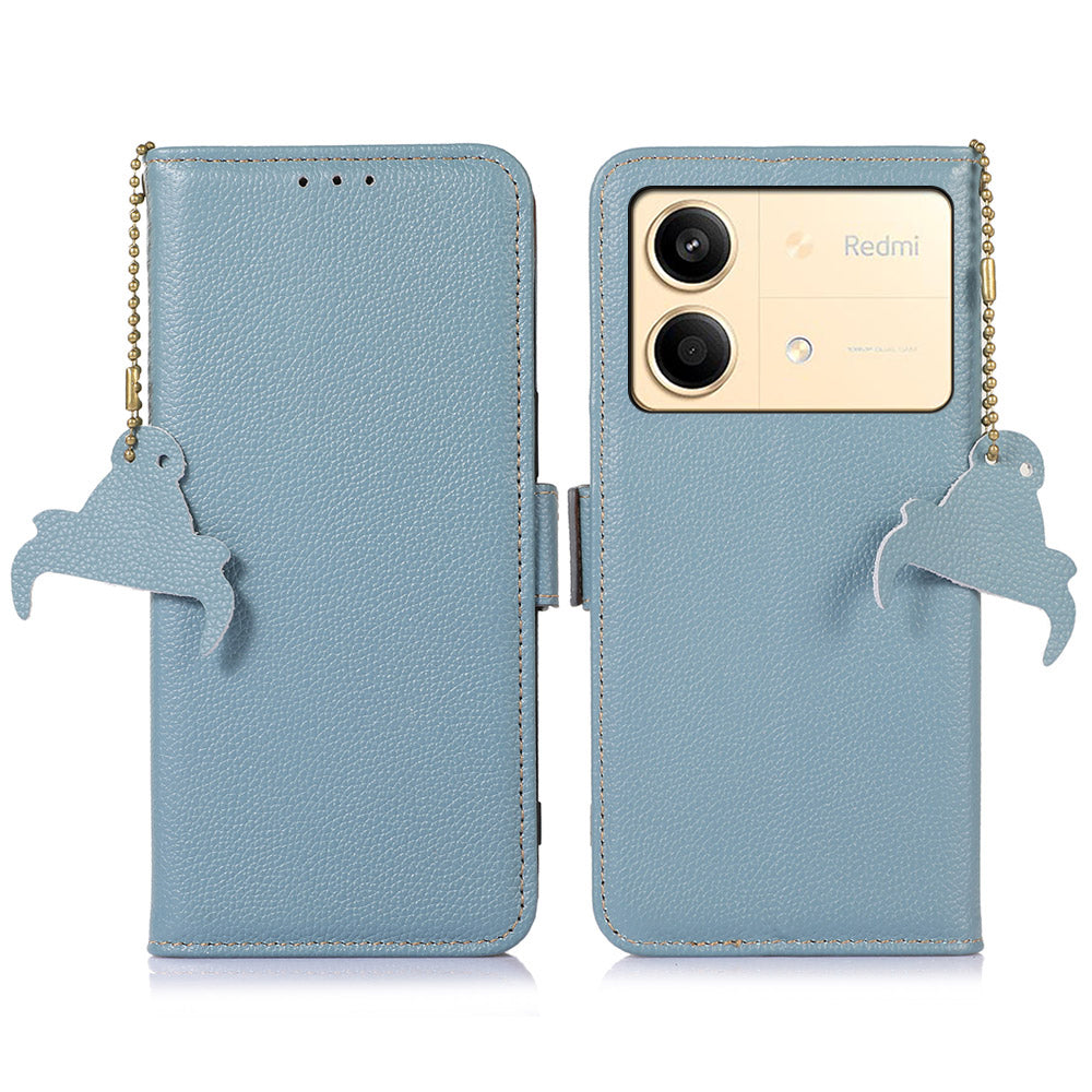 For Xiaomi Redmi Note 13R Pro 5G Wallet Case Genuine Cow Leather Phone Cover - Blue