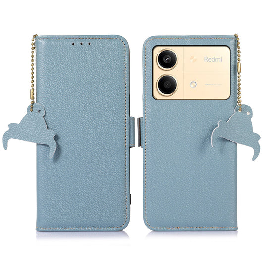 For Xiaomi Redmi Note 13R Pro 5G Wallet Case Genuine Cow Leather Phone Cover - Blue