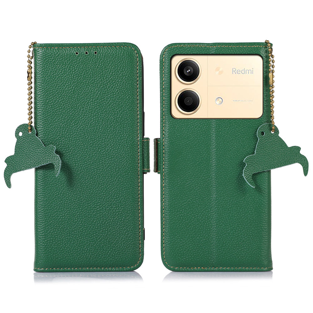 For Xiaomi Redmi Note 13R Pro 5G Wallet Case Genuine Cow Leather Phone Cover - Green