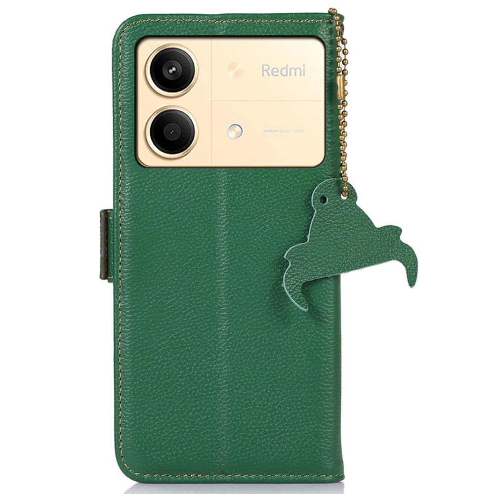 For Xiaomi Redmi Note 13R Pro 5G Wallet Case Genuine Cow Leather Phone Cover - Green