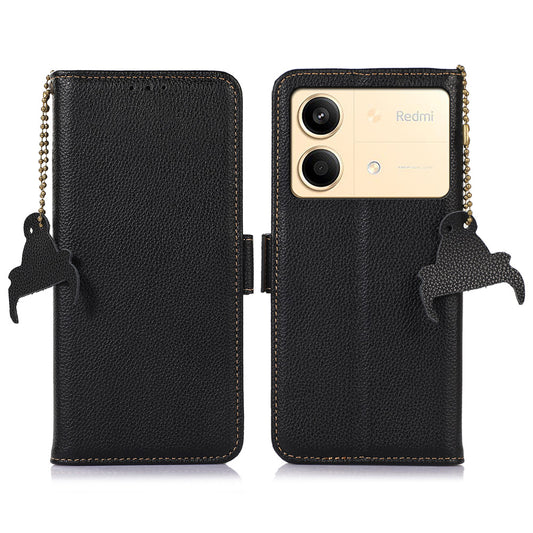 For Xiaomi Redmi Note 13R Pro 5G Wallet Case Genuine Cow Leather Phone Cover - Black