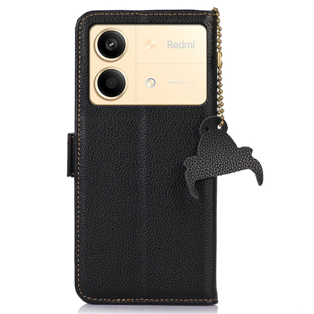 For Xiaomi Redmi Note 13R Pro 5G Wallet Case Genuine Cow Leather Phone Cover - Black
