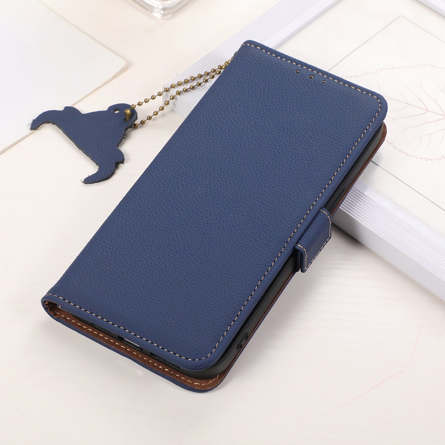 For Xiaomi Redmi Note 13R Pro 5G Wallet Case Genuine Cow Leather Phone Cover - Sapphire