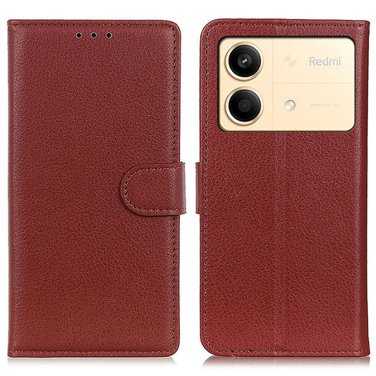 For Xiaomi Redmi Note 13R Pro 5G Leather Wallet Case Litchi Texture Phone Cover - Brown