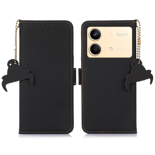 For Xiaomi Redmi Note 13R Pro 5G Genuine Cow Leather Phone Case RFID Blocking - Black