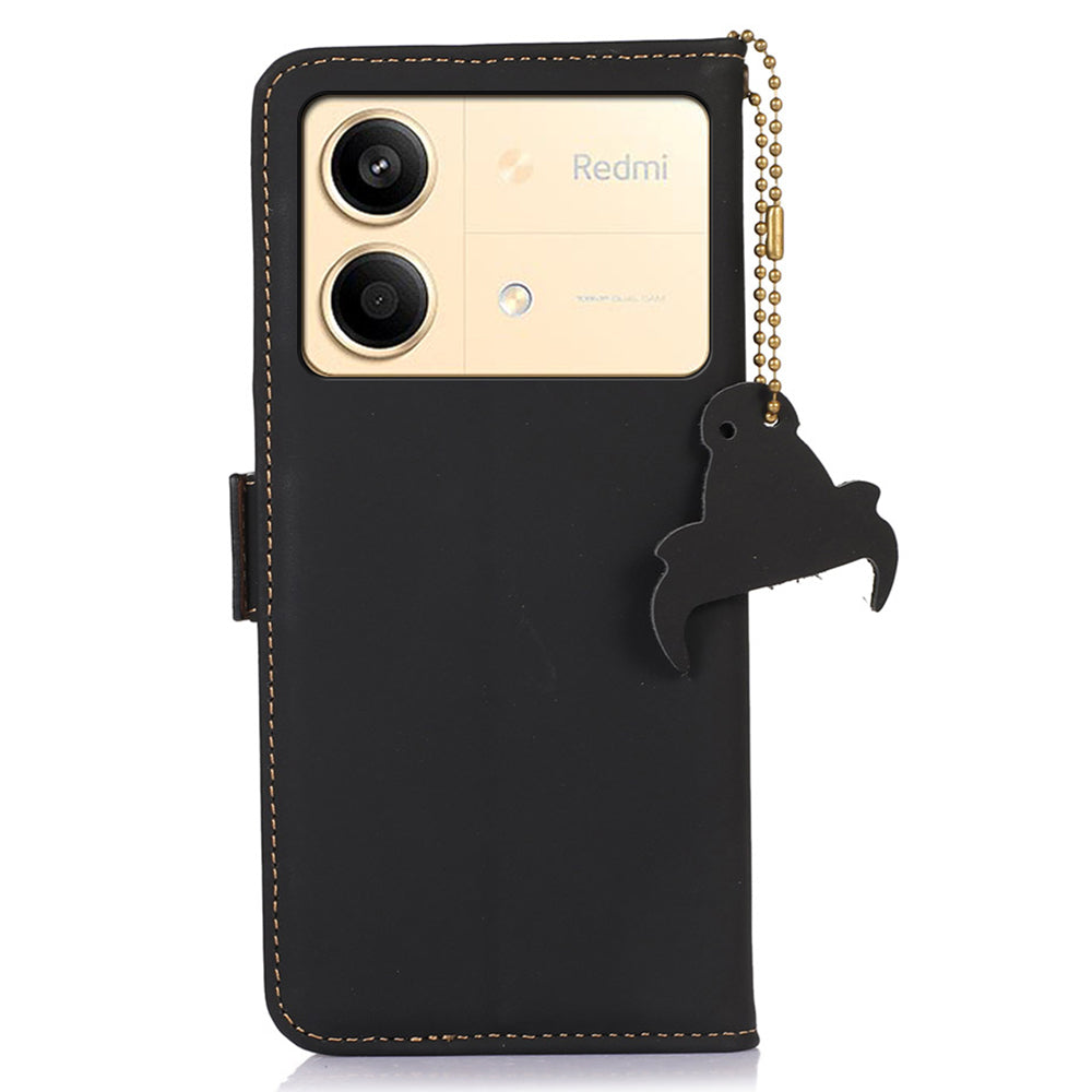For Xiaomi Redmi Note 13R Pro 5G Genuine Cow Leather Phone Case RFID Blocking - Black