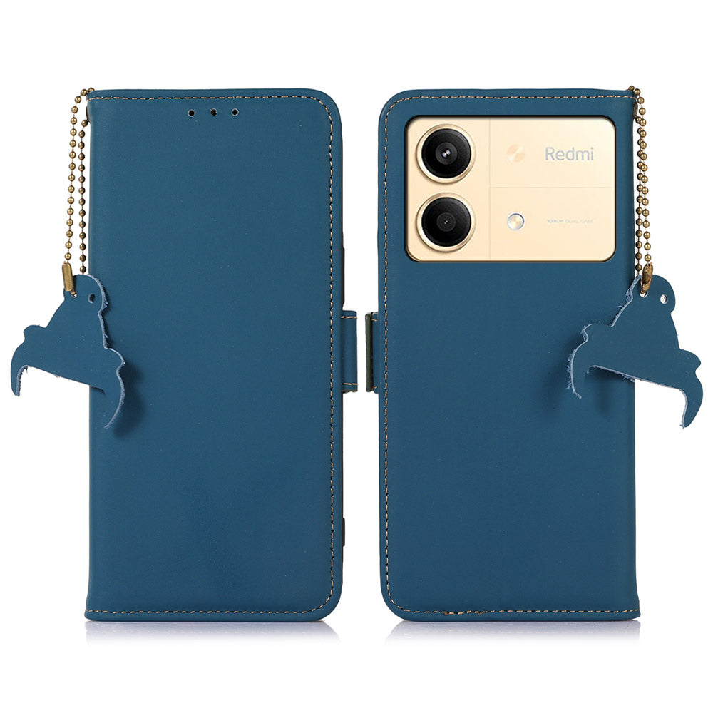 For Xiaomi Redmi Note 13R Pro 5G Genuine Cow Leather Phone Case RFID Blocking - Blue