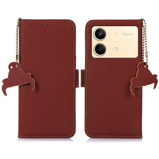 For Xiaomi Redmi Note 13R Pro 5G Genuine Cow Leather Phone Case RFID Blocking - Coffee