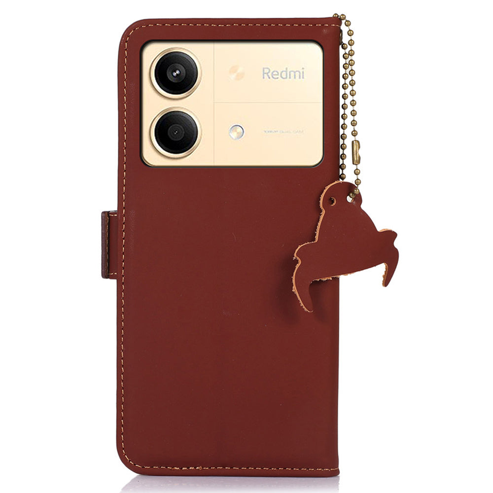 For Xiaomi Redmi Note 13R Pro 5G Genuine Cow Leather Phone Case RFID Blocking - Coffee