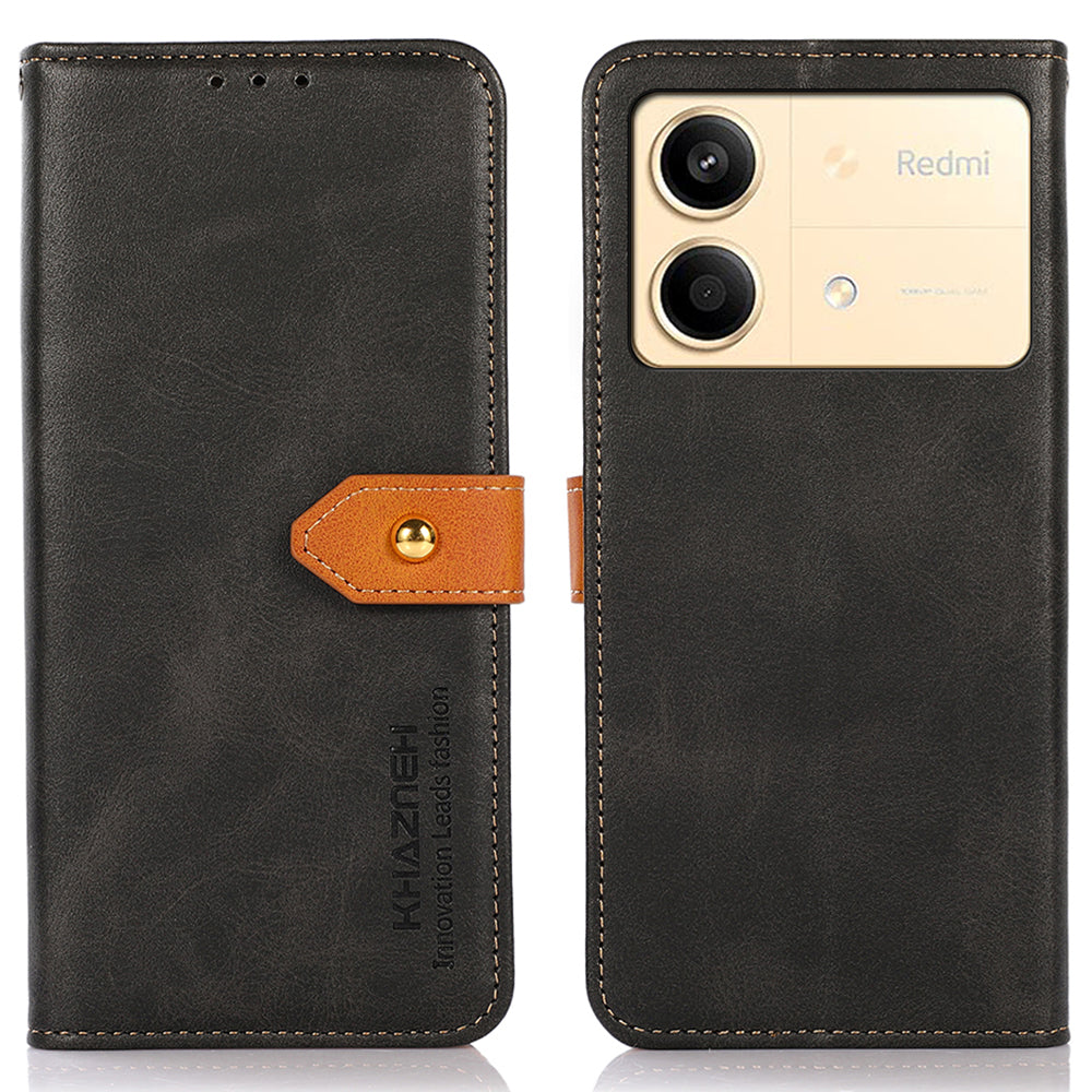 KHAZNEH For Xiaomi Redmi Note 13R Pro 5G Leather Case Wallet Cover Cowhide Texture - Black