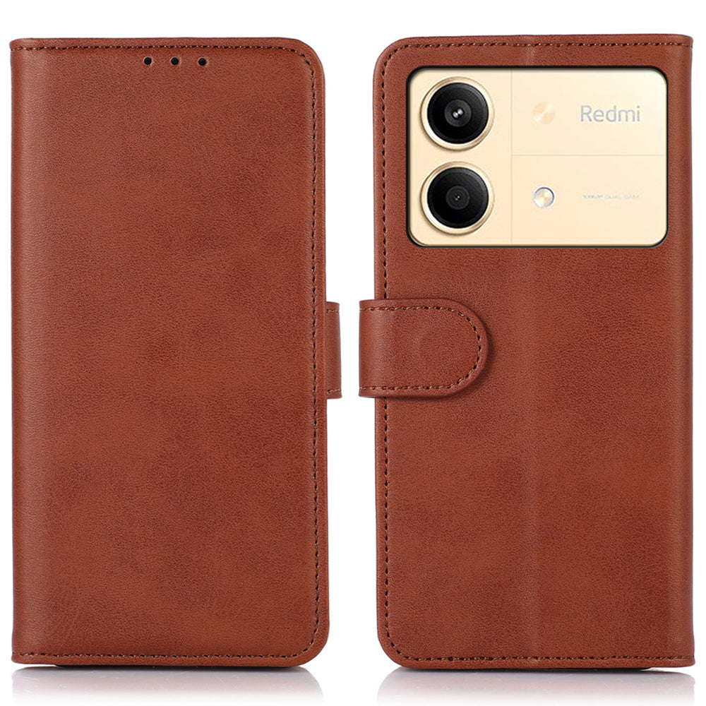 For Xiaomi Redmi Note 13R Pro 5G Leather Case Cowhide Texture Phone Wallet Cover - Brown