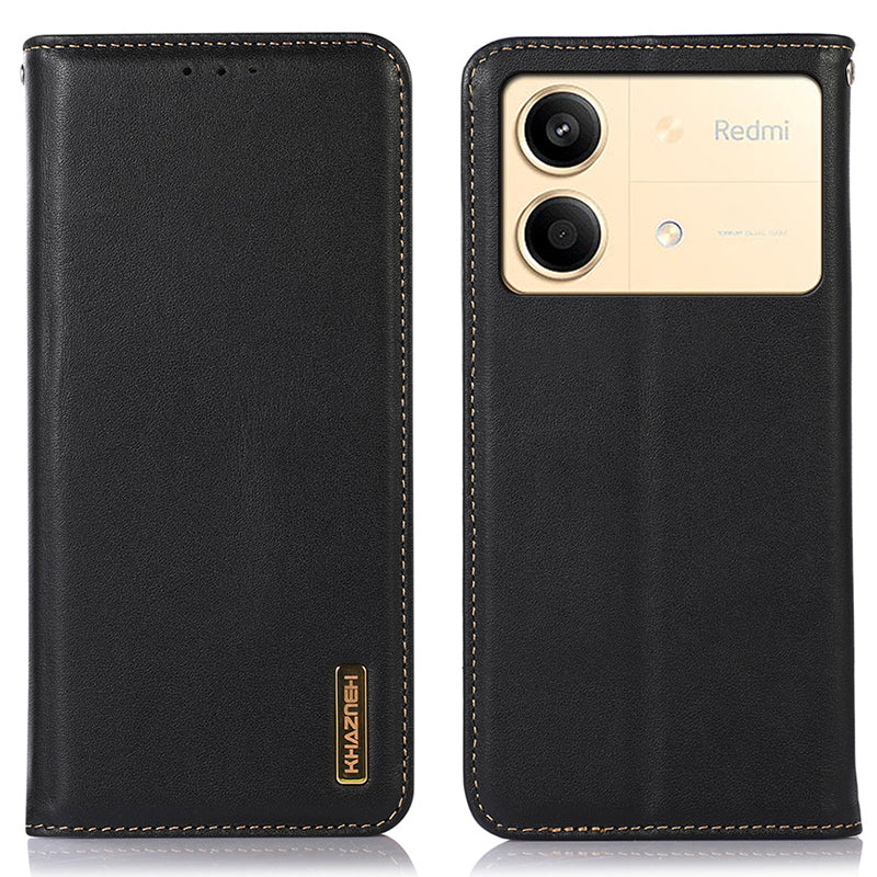 KHAZNEH For Xiaomi Redmi Note 13R Pro 5G Phone Case Genuine Cow Leather RFID Blocking - Black