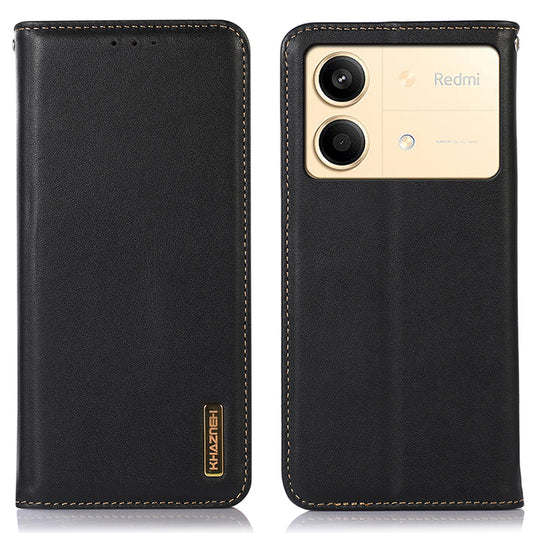 KHAZNEH For Xiaomi Redmi Note 13R Pro 5G Phone Case Genuine Cow Leather RFID Blocking - Black