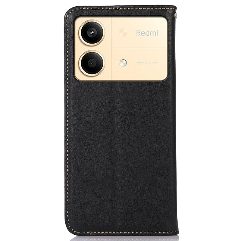 KHAZNEH For Xiaomi Redmi Note 13R Pro 5G Phone Case Genuine Cow Leather RFID Blocking - Black