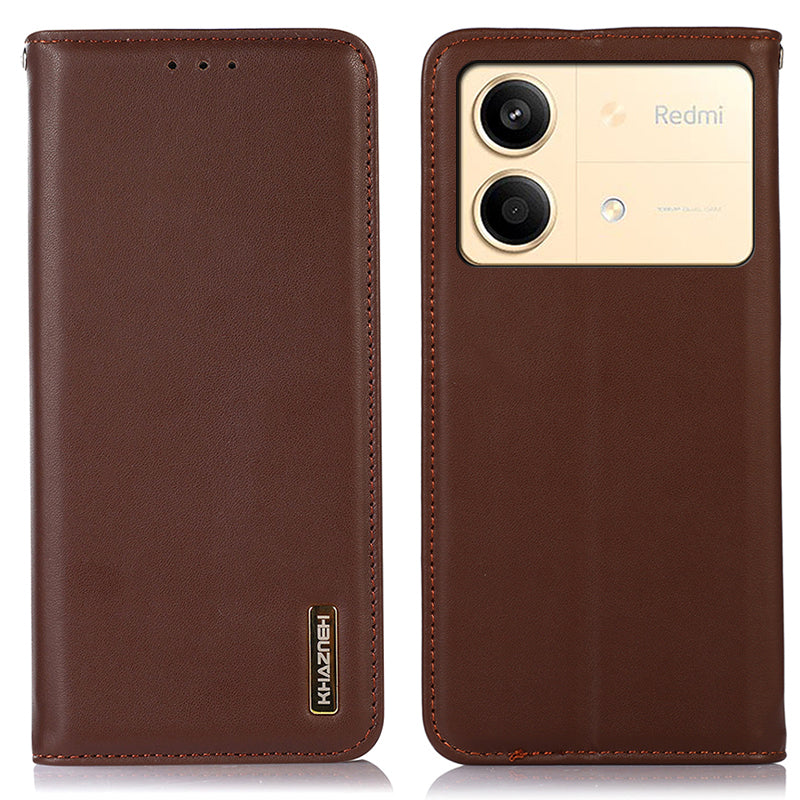 KHAZNEH For Xiaomi Redmi Note 13R Pro 5G Phone Case Genuine Cow Leather RFID Blocking - Brown