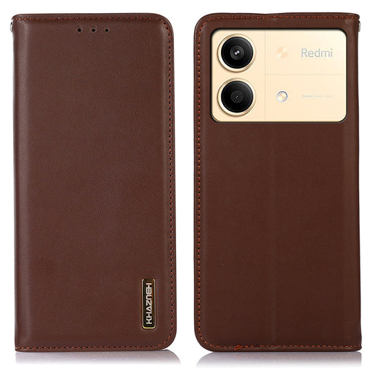 KHAZNEH For Xiaomi Redmi Note 13R Pro 5G Phone Case Genuine Cow Leather RFID Blocking - Brown