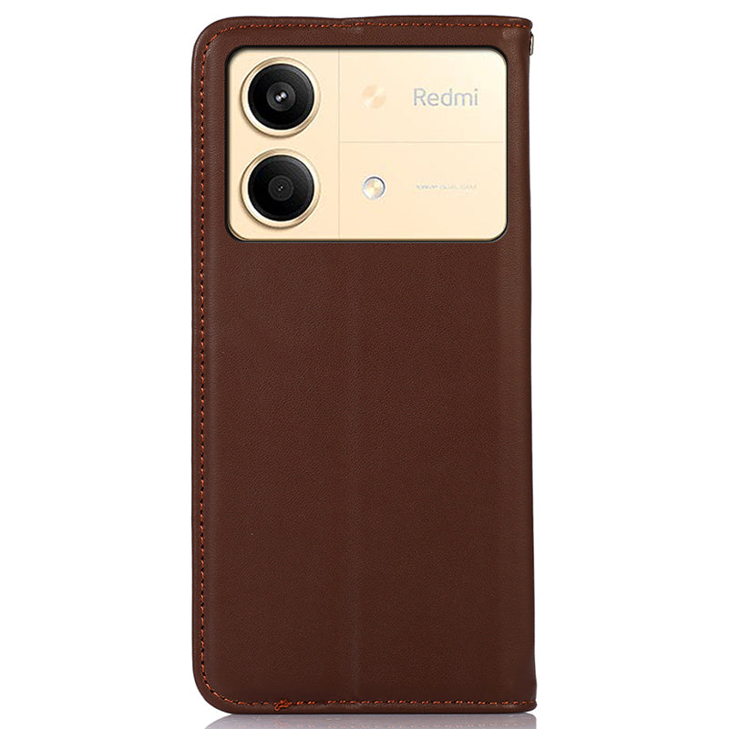 KHAZNEH For Xiaomi Redmi Note 13R Pro 5G Phone Case Genuine Cow Leather RFID Blocking - Brown