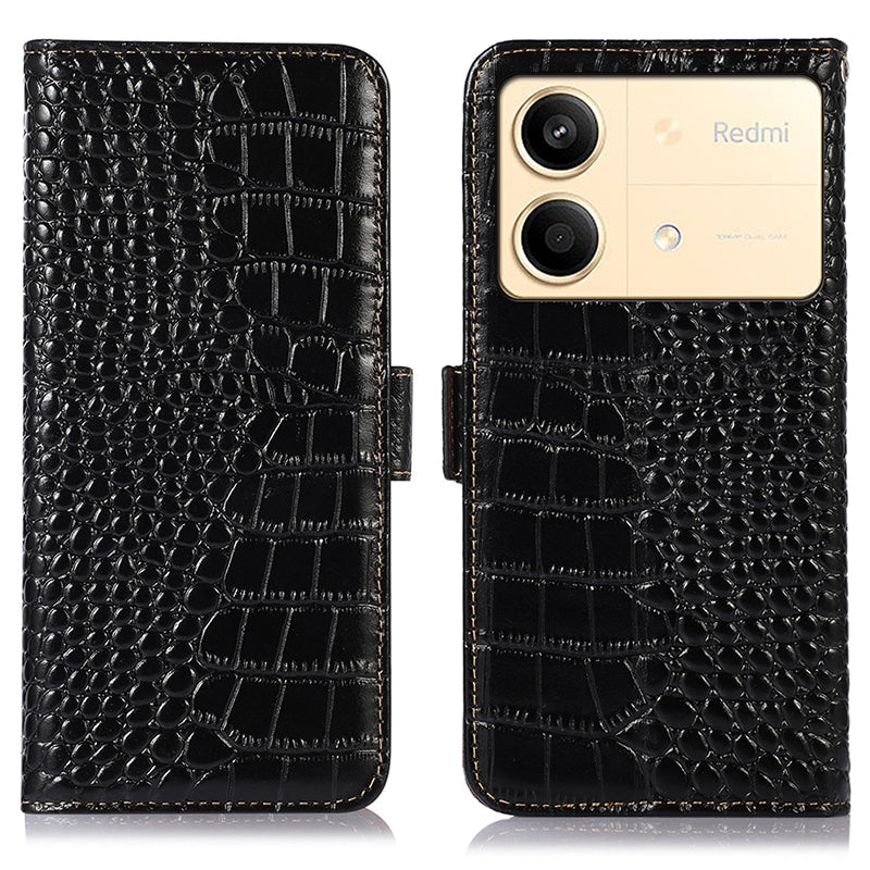 For Xiaomi Redmi Note 13R Pro 5G Phone Case Genuine Cow Leather Cover with Wallet Stand - Black