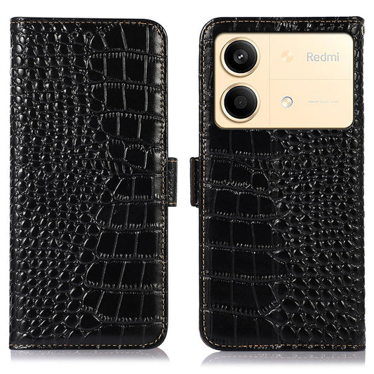 For Xiaomi Redmi Note 13R Pro 5G Phone Case Genuine Cow Leather Cover with Wallet Stand - Black