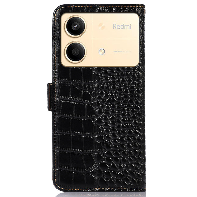 For Xiaomi Redmi Note 13R Pro 5G Phone Case Genuine Cow Leather Cover with Wallet Stand - Black