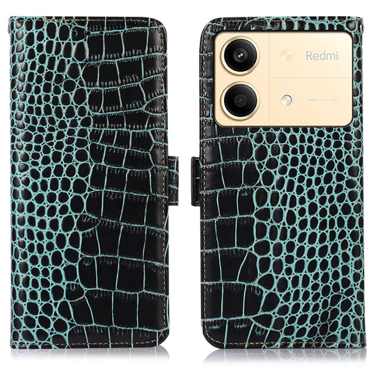 For Xiaomi Redmi Note 13R Pro 5G Phone Case Genuine Cow Leather Cover with Wallet Stand - Green
