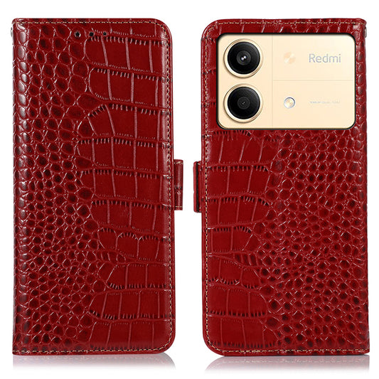 For Xiaomi Redmi Note 13R Pro 5G Phone Case Genuine Cow Leather Cover with Wallet Stand - Red