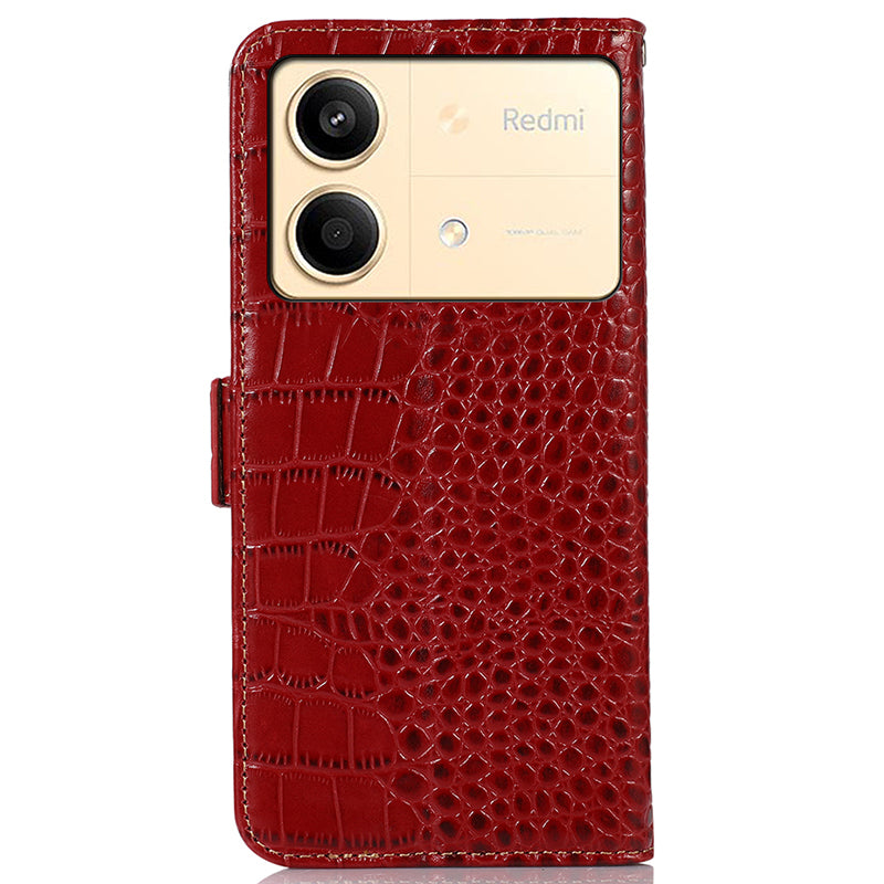 For Xiaomi Redmi Note 13R Pro 5G Phone Case Genuine Cow Leather Cover with Wallet Stand - Red