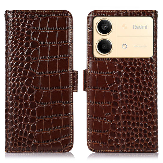 For Xiaomi Redmi Note 13R Pro 5G Phone Case Genuine Cow Leather Cover with Wallet Stand - Brown