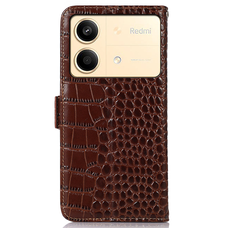 For Xiaomi Redmi Note 13R Pro 5G Phone Case Genuine Cow Leather Cover with Wallet Stand - Brown