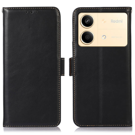 For Xiaomi Redmi Note 13R Pro 5G Genuine Cow Leather Case RFID Blocking Wallet Cover - Black