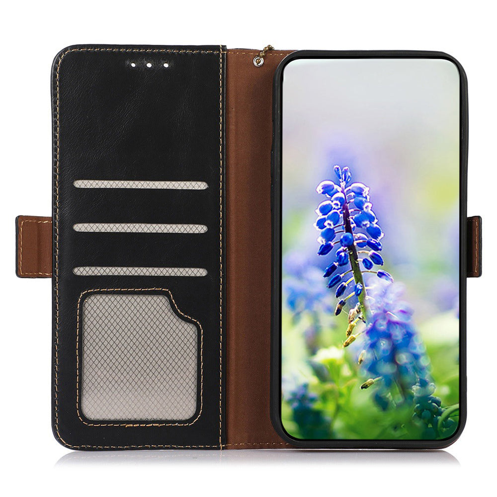 For Xiaomi Redmi Note 13R Pro 5G Genuine Cow Leather Case RFID Blocking Wallet Cover - Black