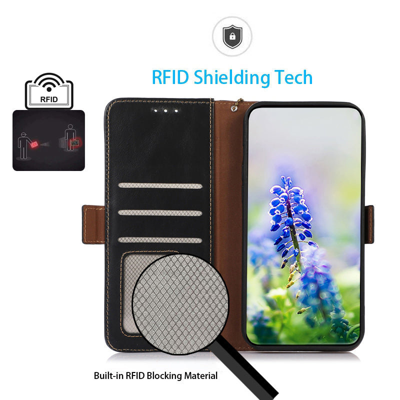 For Xiaomi Redmi Note 13R Pro 5G Genuine Cow Leather Case RFID Blocking Wallet Cover - Black