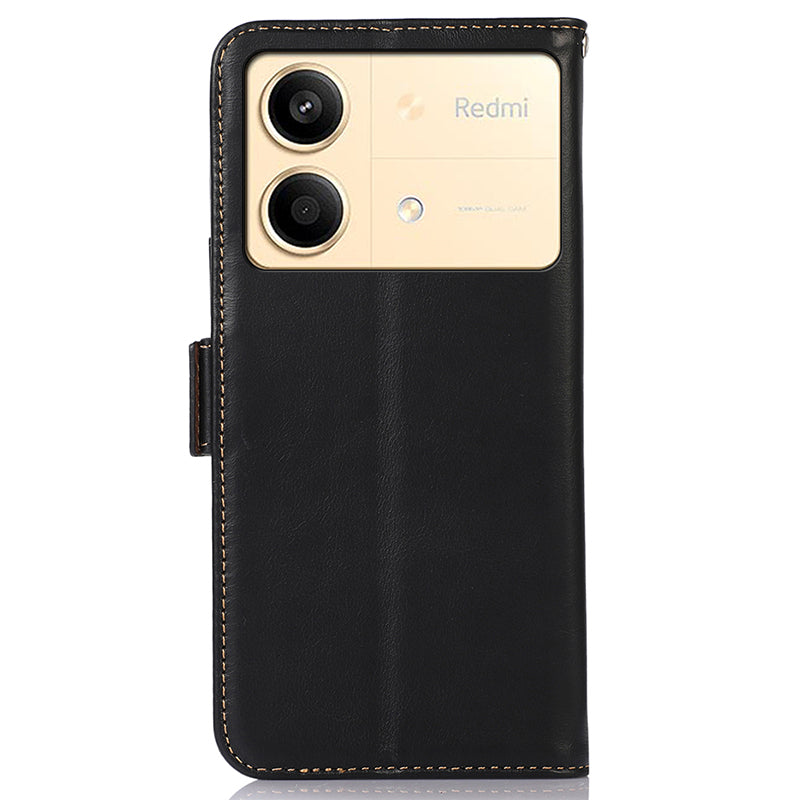 For Xiaomi Redmi Note 13R Pro 5G Genuine Cow Leather Case RFID Blocking Wallet Cover - Black