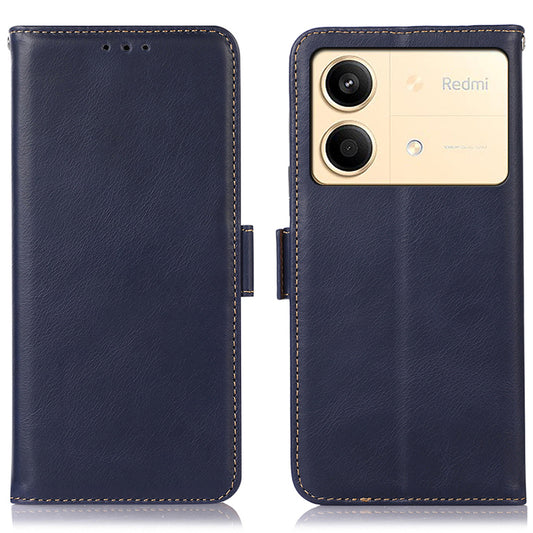 For Xiaomi Redmi Note 13R Pro 5G Genuine Cow Leather Case RFID Blocking Wallet Cover - Blue
