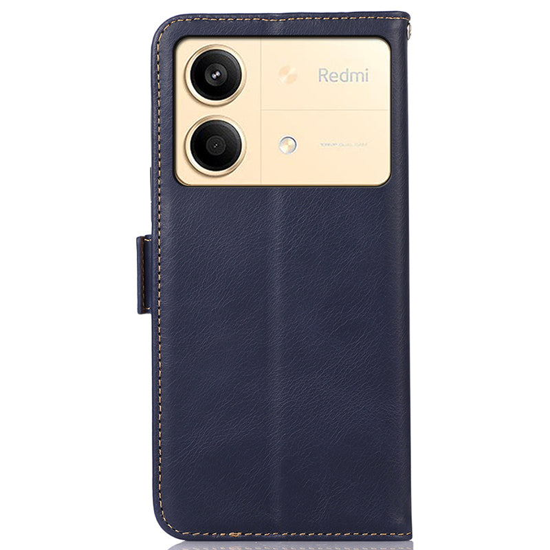 For Xiaomi Redmi Note 13R Pro 5G Genuine Cow Leather Case RFID Blocking Wallet Cover - Blue