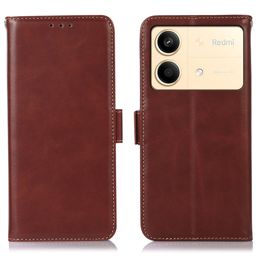 For Xiaomi Redmi Note 13R Pro 5G Genuine Cow Leather Case RFID Blocking Wallet Cover - Brown